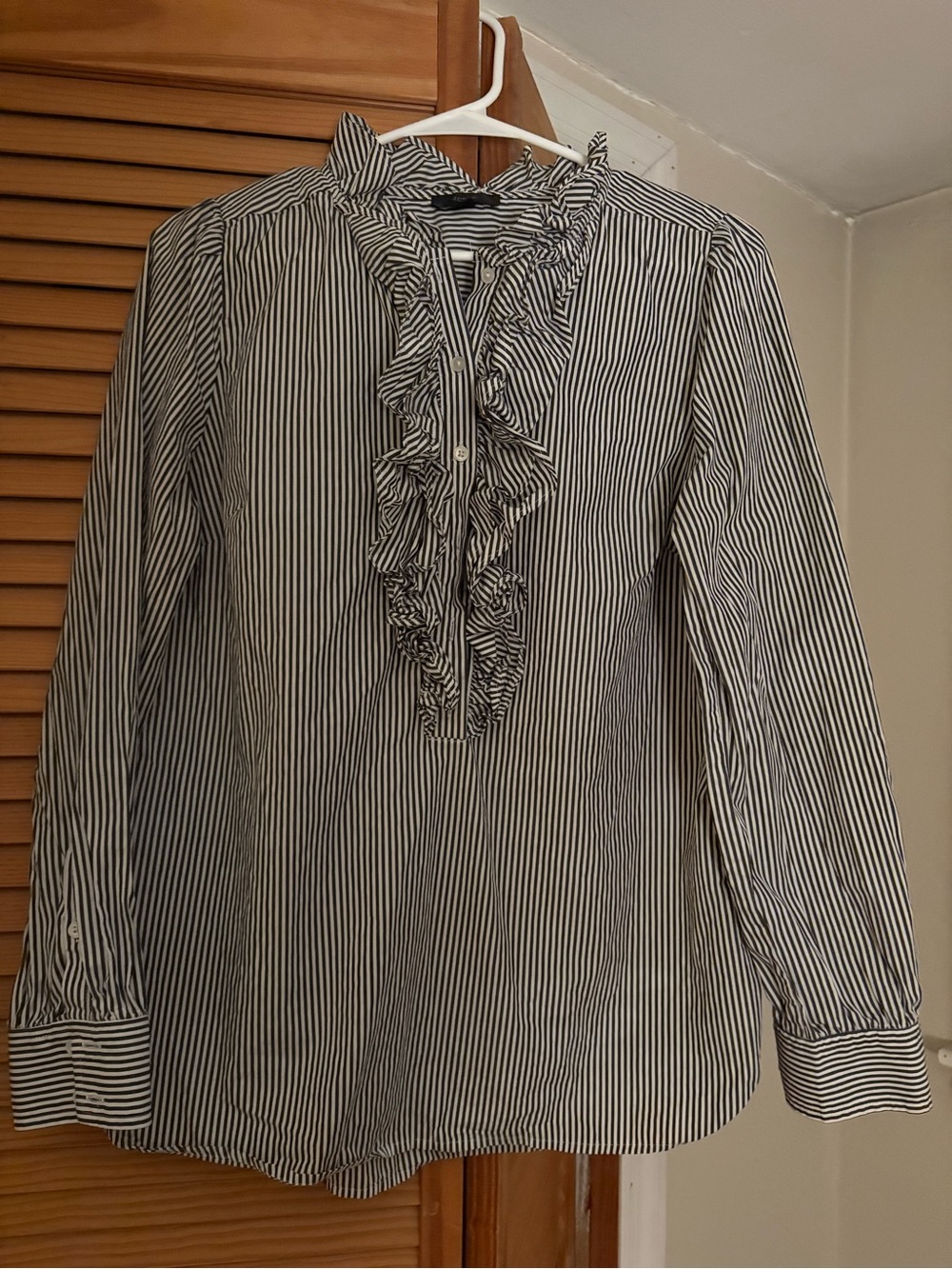 J. Crew Black and White Striped Ruffle-Front Dress Shirt